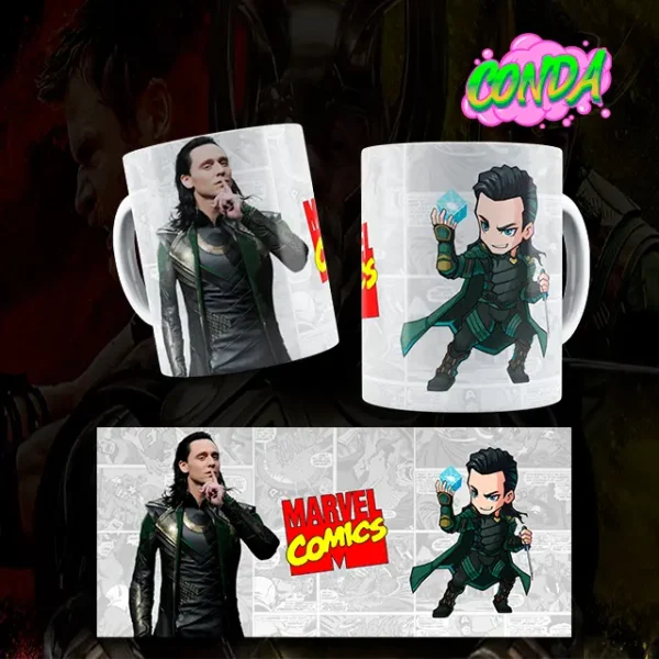 Taza de cerámica con diseño de Loki en versión animada y pelicula, junto al logo de Marvel Comic, incluye el diseño completo para mirar