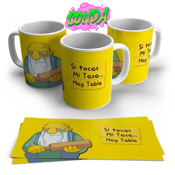 Taza de cerámica de Los Simpsons con el personaje y frase "Si tocas mi taza, hay tabla, color amarillo liso