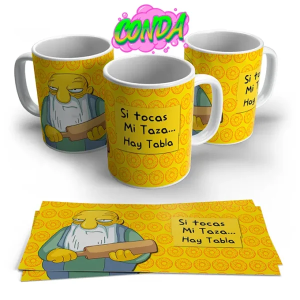 Taza de cerámica de Los Simpsons con el personaje y frase "Si tocas mi taza, hay tabla amarillo con donas