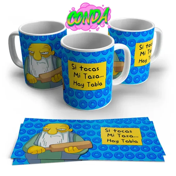 Taza de Los Simpsons "Si tocas mi taza, hay tabla fondo celeste