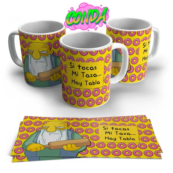 Taza de cerámica de Los Simpsons con el personaje y frase "Si tocas mi taza, hay tabla fondo amarillo con donas rosas