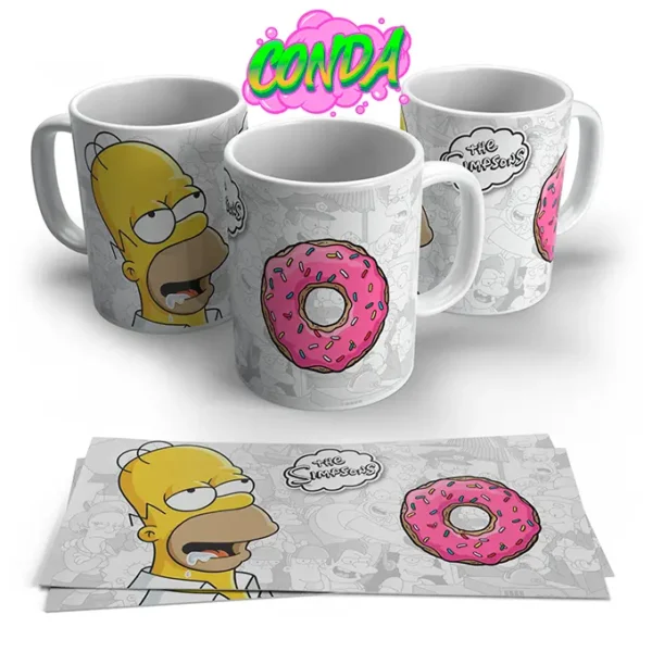 Taza de cerámica de Homero Simpson con una dona rosa y que se le cae la baba