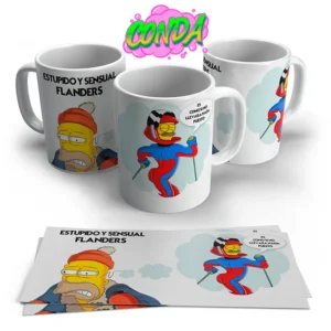 Taza de cerámica con la imagen de Ned Flanders y la frase "Estúpido y Sensual Flanders" de Los Simpson y la frase de Ned diciendo Es como si no llevara nada puesto