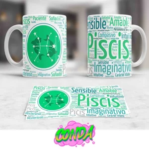 Taza de cerámica con diseño de Piscis, mostrando palabras clave del signo zodiacal como sensible, compasivo y soñador