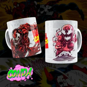 Taza de cerámica con diseño de Carnage en versión animada y cinematográfica junto al logo de Marvel Comics, especial para fans del hoombre araña y sus villanos