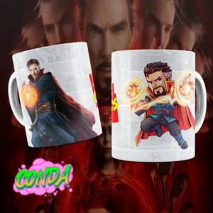 Taza de cerámica con diseño de Dr Strange en versión animada y de la pelicula junto al logo de Marvel Comics