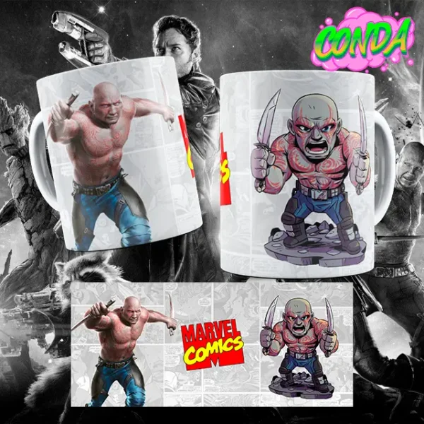 Taza de cerámica con diseño de Drax en versión animada y películajunto al logo de Marvel Comics, con el diseño incluido para ver la taza completa