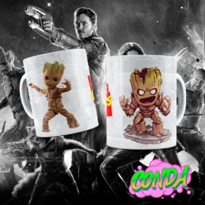 Taza de cerámica con diseño de Groot en versión animada y cinematográfica junto al logo de Marvel Comics