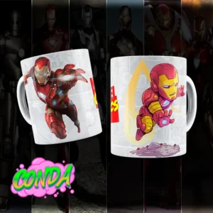 Taza de cerámica con diseño de IronMan en versión animada y cinematográfica junto al logo de Marvel Comics