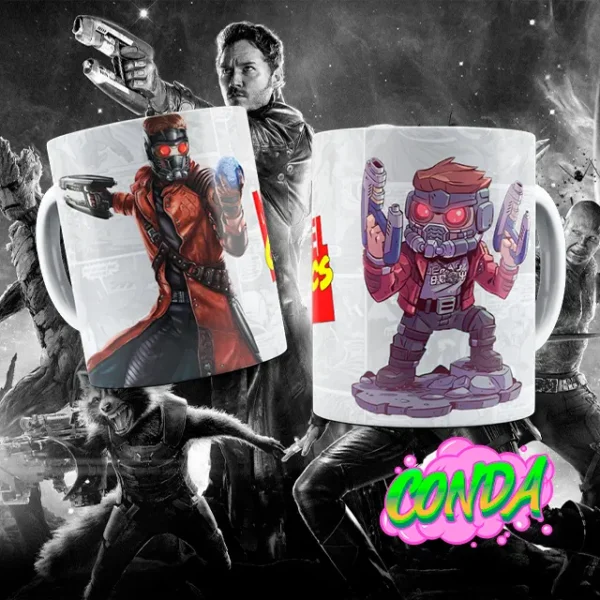 Taza de cerámica con diseño de Star-Lord en versión animada y cinematográfica junto al logo de Marvel Comics"