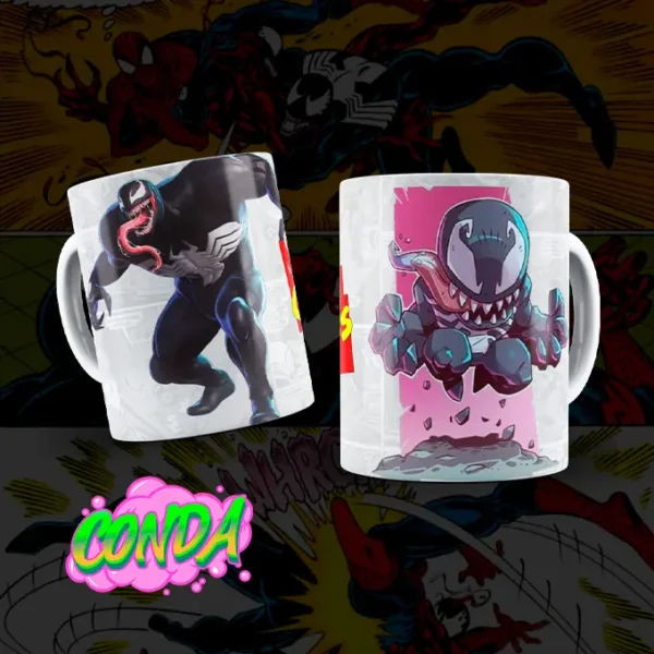 Taza de cerámica con diseño de Venom en versión animada y cinematográfica junto al logo de Marvel Comics, el villano con el simbionte de Spiderman