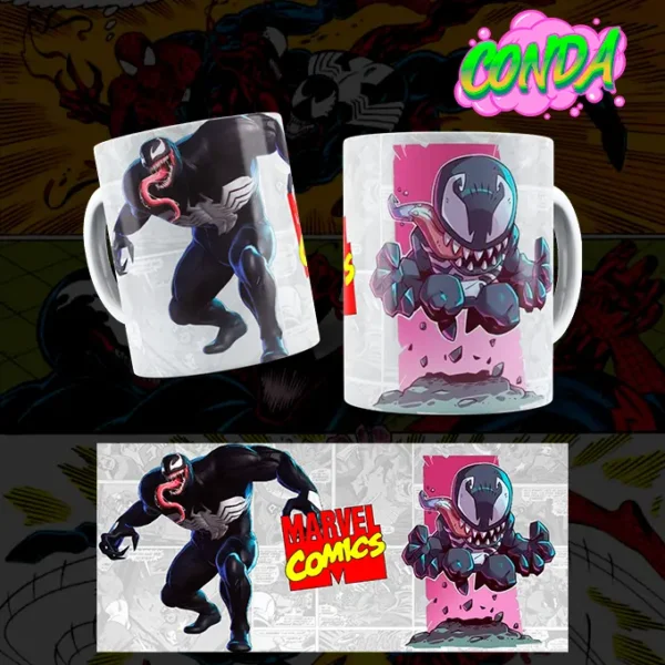 Taza de cerámica con diseño de Venom en versión pelicula y animada junto al logo de Marvel Comics, el villano de Spiderman con el simbionte., mas la plantilla para ver el diseño completo