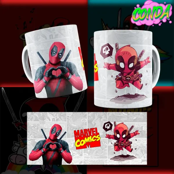 Taza de cerámica con diseño de Deadpool en versión animada y cinematográfica junto al logo de Marvel Comics, viene con el diseño incluido para poder verlo completo.