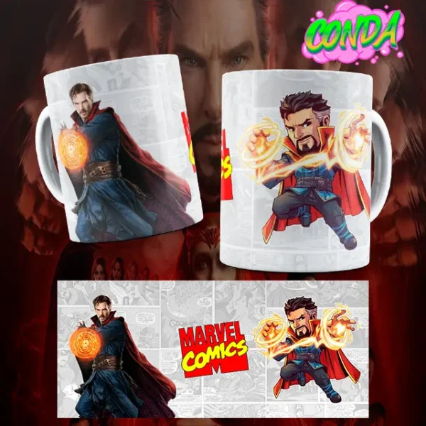 Taza de cerámica con diseño de Doctor Strange en versión animada y cinematográfica junto al logo de Marvel Comics con el diseño completo para ver en la taza