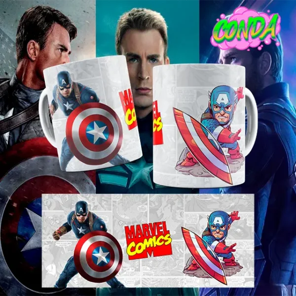 Taza de cerámica con diseño de Capitán América en versión animada y película junto al logo de Marvel Comics, mas el diseño para ver la taza completa