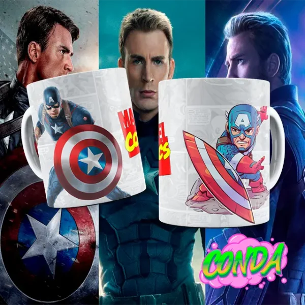 Taza de cerámica con diseño de Capitán América en versión animada y cinematográfica junto al logo de Marvel Comics