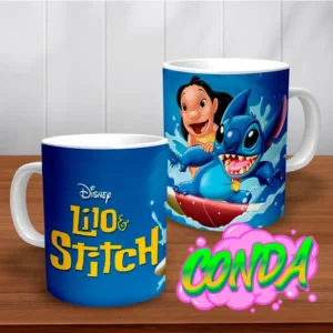 Taza de cerámica con Lilo y Stitch surfeando