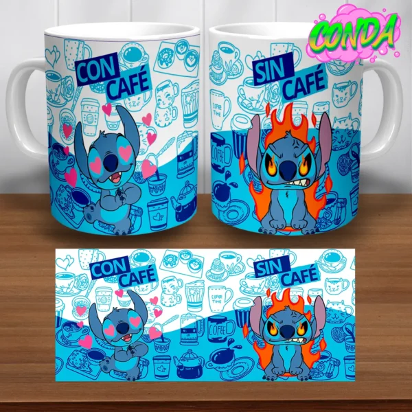 Taza de cerámica con diseño de Stitch, mostrando el personaje antes y después de tomar café con el diseño