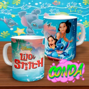 Taza de cerámica con Lilo, Stitch y Nani surfeando en una ola en un diseño inspirado en la película de Disney Lilo & Stitch