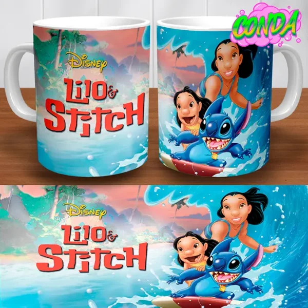 Taza de cerámica con Lilo, Stitch y Nani surfeando en una ola en un diseño inspirado en la película de Disney Lilo & Stitch mas plantilla