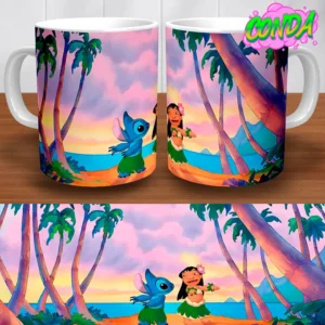 Taza de cerámica con Lilo y Stitch bailando hula-hula en un escenario tropical