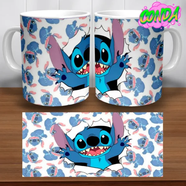 Taza de cerámica con diseño de múltiples Stitch en un patrón repetido, con un gran Stitch rompiendo la superficie