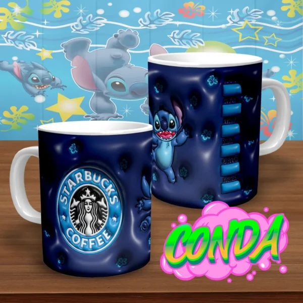 Taza de cerámica con diseño 3D de Stitch junto al logotipo de Starbucks, con un fondo azul oscuro y detalles florales es 3d