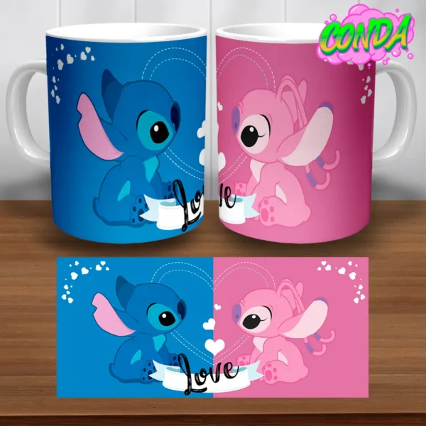 Taza de Stitch y Angel Love, con la palabra "Love" en la parte inferior, simbolizando el amor entre los dos personajes. de ceramica